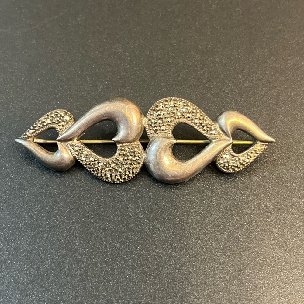 Vtg Sterling Silver Marcasite 4 Open Heart Brooch Pin 9.8 G Valentine Love Gift